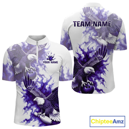 Purple & White Eagle Quarter-Zip Bowling Shirt featuring soaring eagle artwork, custom bowling team apparel, moisture-wicking sportswear, performance jersey.