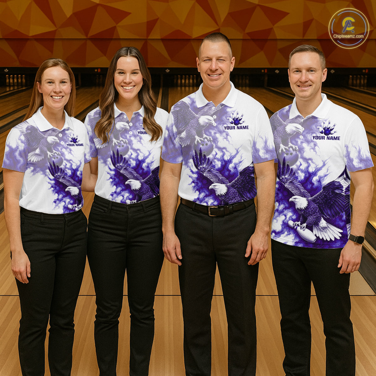 Professional bowling team wearing matching Purple Eagle jerseys, personalized team names, patriotic-inspired sportswear, championship uniforms, teamwork, excellence, competitive league apparel.