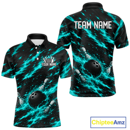Black And Turquoise Fire Bowling Shirt For Men Custom Flame Bowling Team Polo Quarter-Zip Shirt NYN4096
