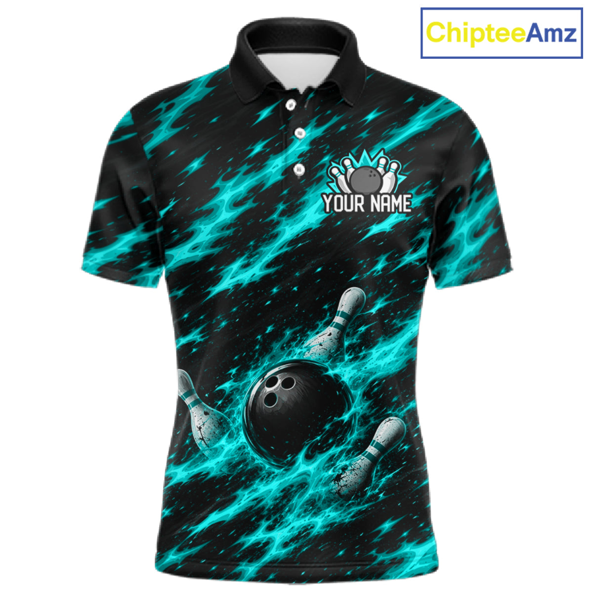 Black And Turquoise Fire Bowling Shirt For Men Custom Flame Bowling Team Polo Quarter-Zip Shirt NYN4096