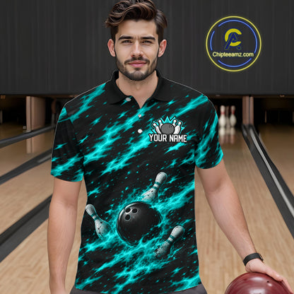 Black And Turquoise Fire Bowling Shirt For Men Custom Flame Bowling Team Polo Quarter-Zip Shirt NYN4096