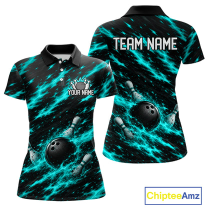 Black And Turquoise Fire Bowling Shirt For Women Custom Flame Bowling Team Polo Quarter-Zip Shirt NYN4096