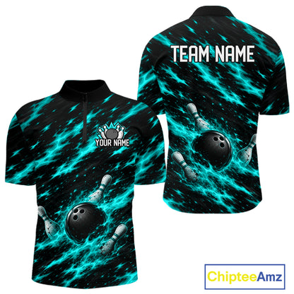 Black And Turquoise Fire Bowling Shirt For Men Custom Flame Bowling Team Polo Quarter-Zip Shirt NYN4096