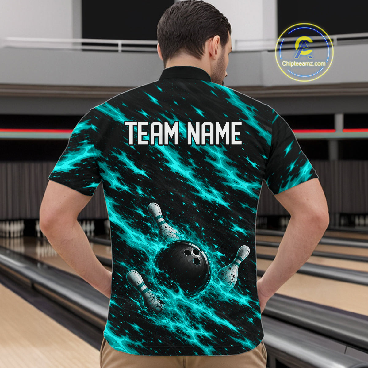 Black And Turquoise Fire Bowling Shirt For Men Custom Flame Bowling Team Polo Quarter-Zip Shirt NYN4096