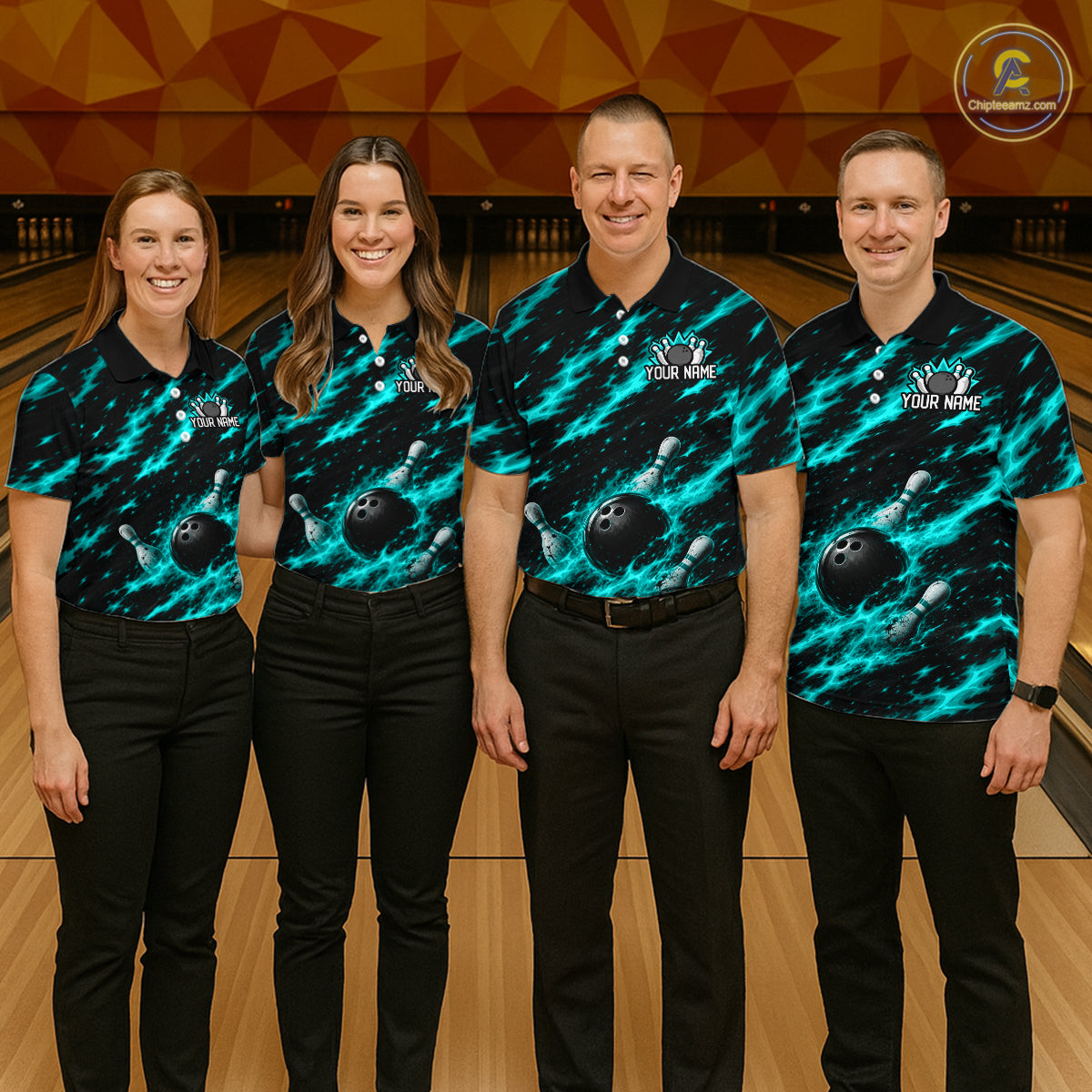 Black And Turquoise Fire Bowling Shirt For Men Custom Flame Bowling Team Polo Quarter-Zip Shirt NYN4096