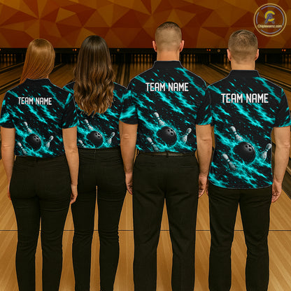 Black And Turquoise Fire Bowling Shirt For Men Custom Flame Bowling Team Polo Quarter-Zip Shirt NYN4096