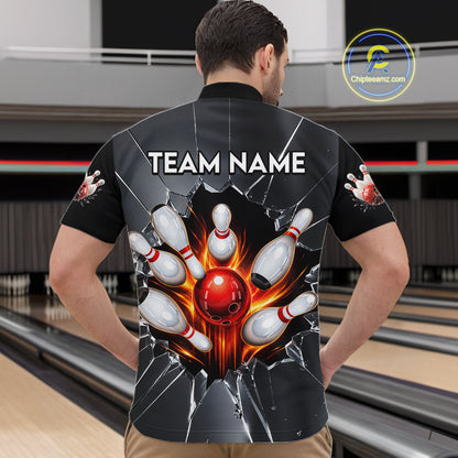 Grey Broken Glass Bowling Shirt For Men Custom Fire Flame Outfit Bowling Jersey | Red NYN3230