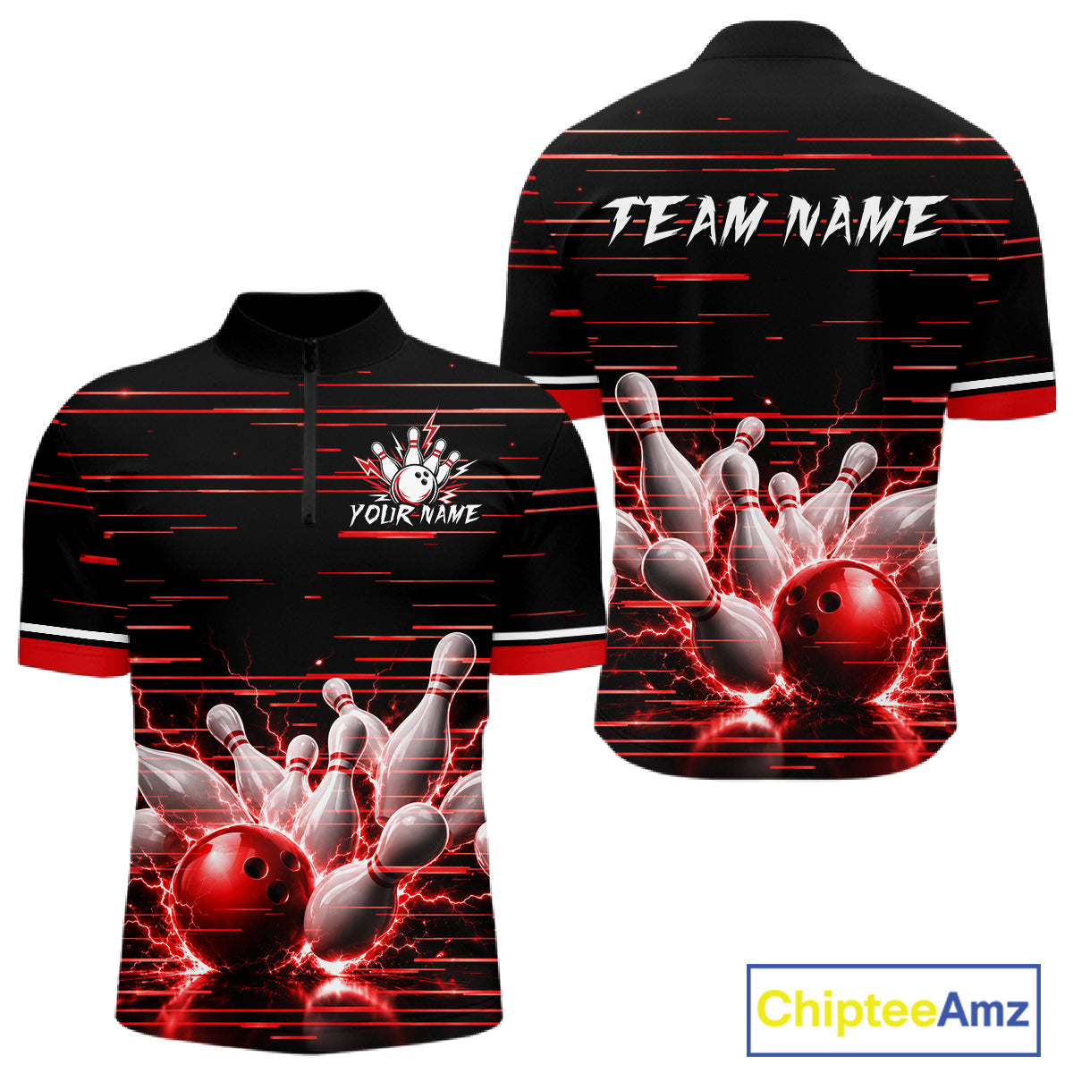Red Horizontal Stripes Mens Bowling Shirt Personalized Thunder Lightning Team Bowling Jersey NYN3233