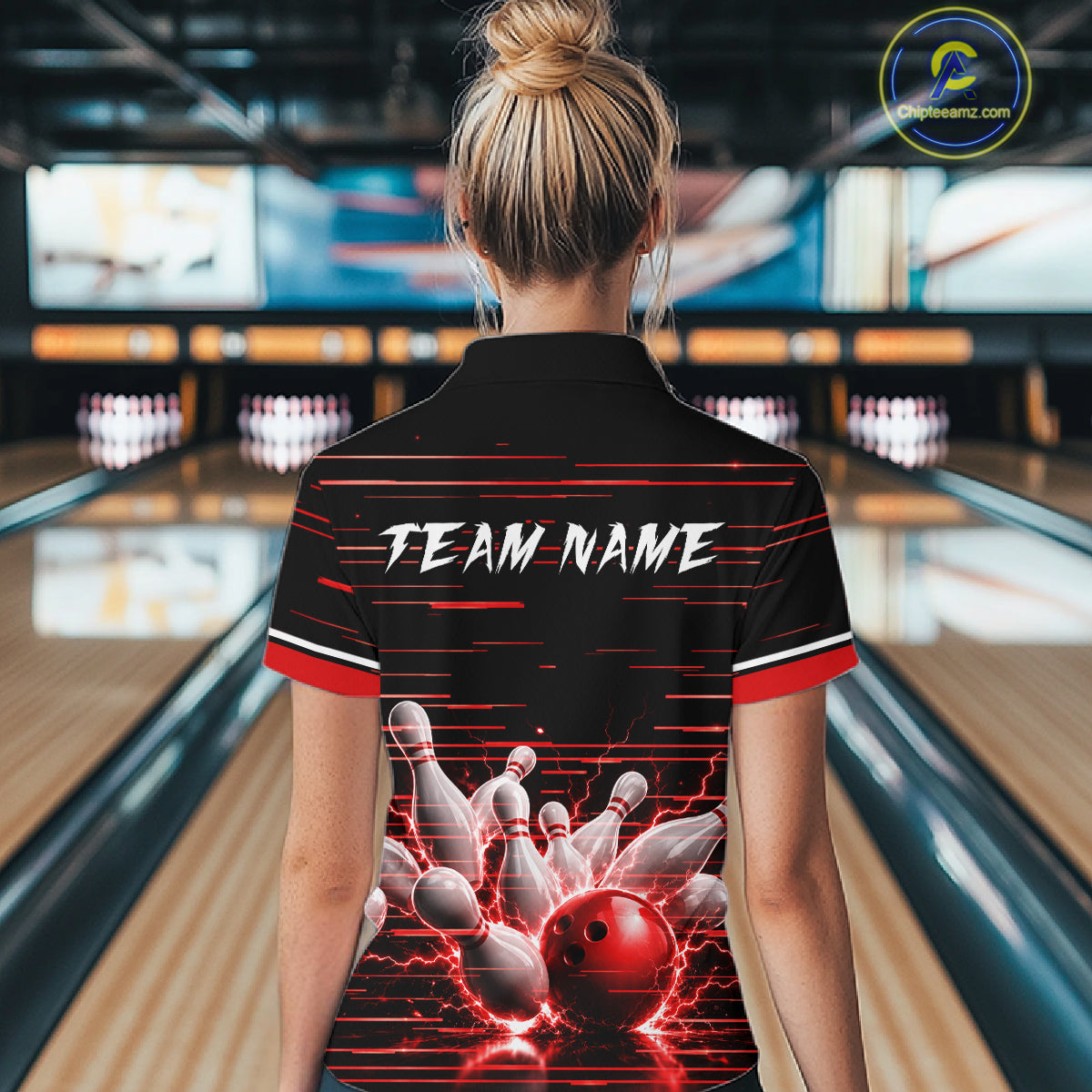 Red Horizontal Stripes Women Bowling Shirt Personalized Thunder Lightning Team Bowling Jersey NYN3233