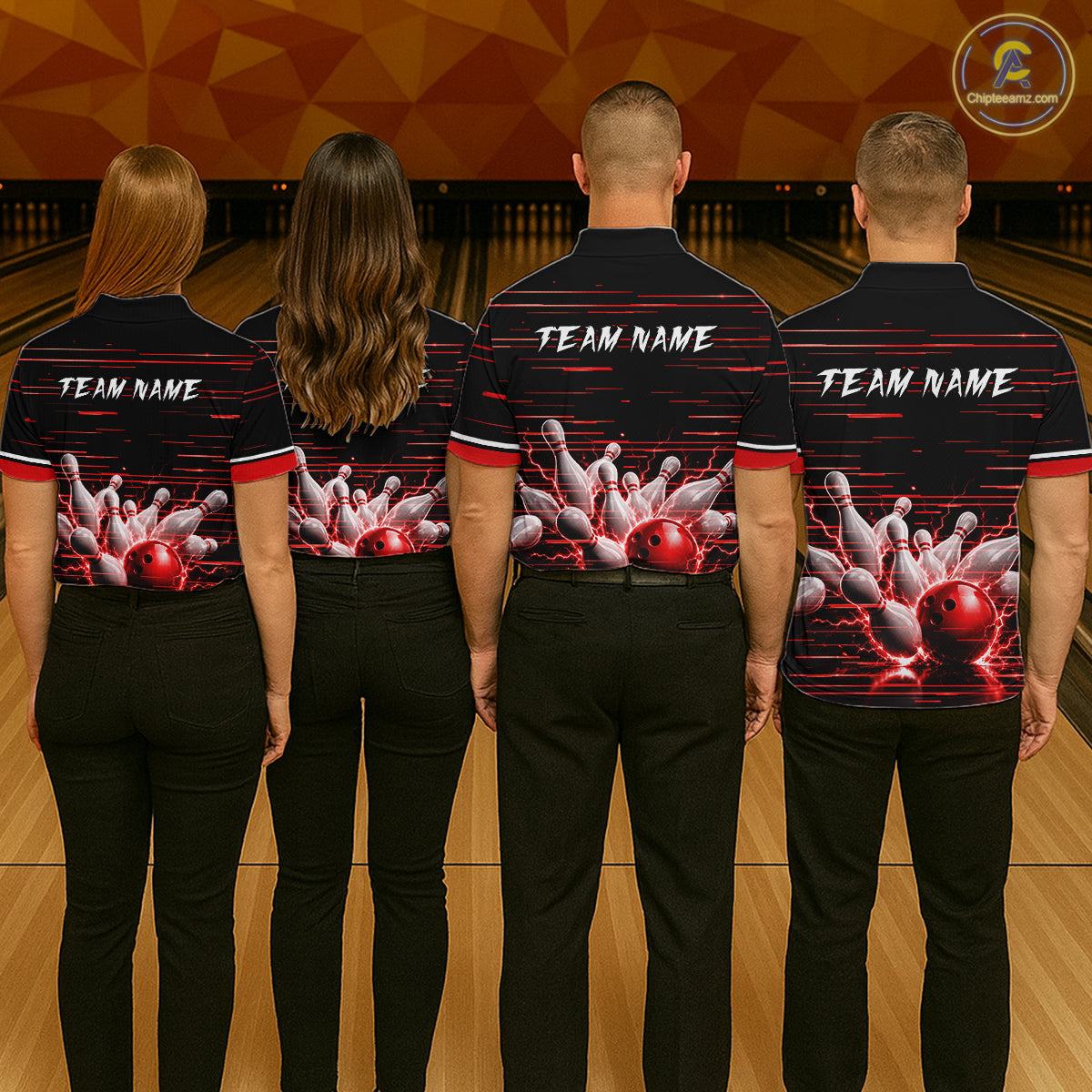Red Horizontal Stripes Mens Bowling Shirt Personalized Thunder Lightning Team Bowling Jersey NYN3233