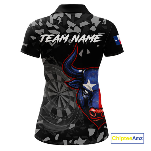 Texas Flag Bull & Dartboard Custom Grunge Women Darts Polo Shirt Patriotic Darts Team Jersey NYN2716