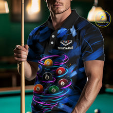 Load image into Gallery viewer, Male billiards player wearing Neon Blue Light billiard ball jersey during pool league competition and cue sports event