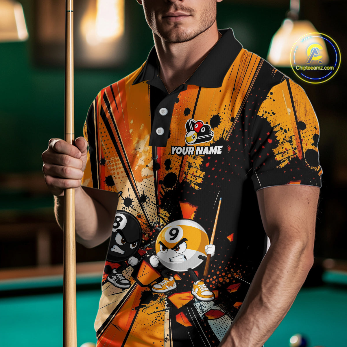 Male player wearing Funny 8 Ball custom pool shirt, playful mascot sportswear, league competition, Father's Day gift, personalized billiard clothing.