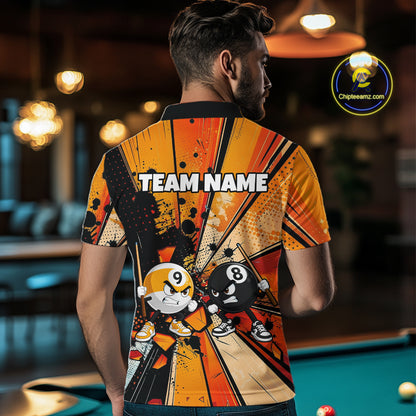 Male player wearing Funny 8 Ball custom pool shirt, playful mascot sportswear, league competition, Father's Day gift, personalized billiard clothing.