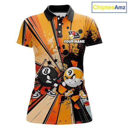 Funny 8 Ball & 9 Ball Billiard Polo featuring humorous cue sports artwork, personalized pool team name, custom league jersey, moisture-wicking athletic fabric, fun tournament apparel, billiard club clothing.