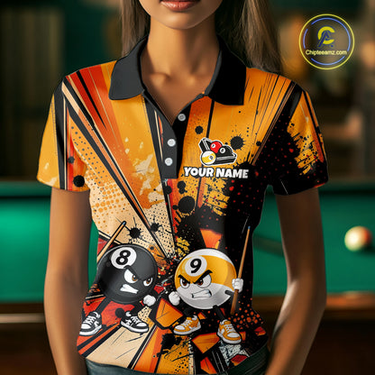 Female player smiling while wearing Funny 8 Ball billiard jersey, friendship, fun competition, team bonding, cue sports lifestyle, personalized athletic apparel.