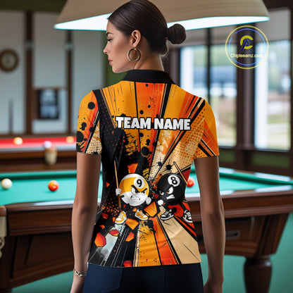 Female player smiling while wearing Funny 8 Ball billiard jersey, friendship, fun competition, team bonding, cue sports lifestyle, personalized athletic apparel.