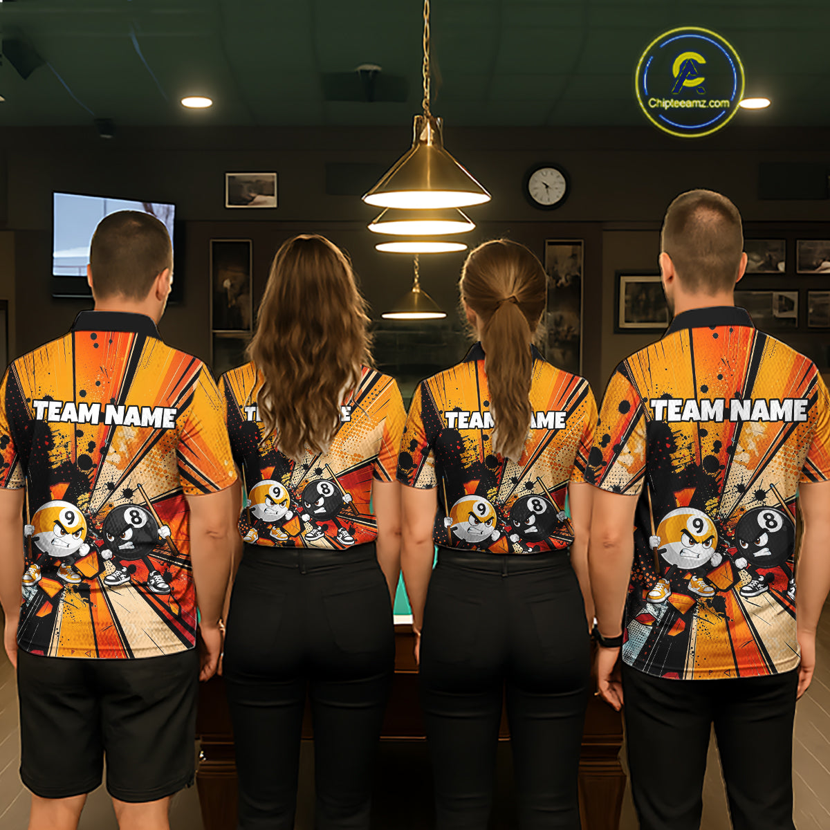 Billiard team wearing matching Funny 8 Ball & 9 Ball jerseys, personalized names, league champions, corporate team building, friendship, humor, teamwork, community spirit, custom cue sports apparel.