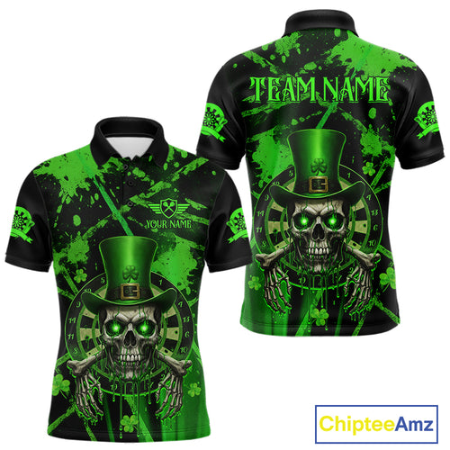 Custom Green Grunge St Patricks Day Men Darts Polo Shirt Skull Leprechaun Darts Jersey NYN1971