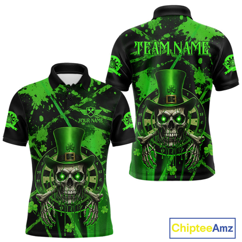 Custom Green Grunge St Patricks Day Men Darts Polo Shirt Skull Leprechaun Darts Jersey NYN1971