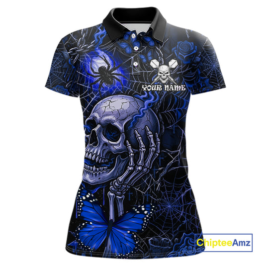 Custom Blue Skull Butterfly Women Dart Shirts Spider Smoke Dartboard Darts Polo & 1/4-Zip Jerseys NYN3077
