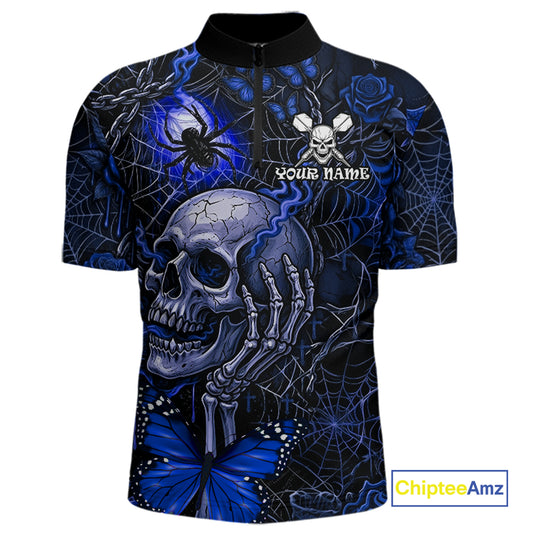 Custom Blue Skull Butterfly Mens Dart Shirts Spider Smoke Dartboard Darts Polo & 1/4-Zip Jerseys NYN3077
