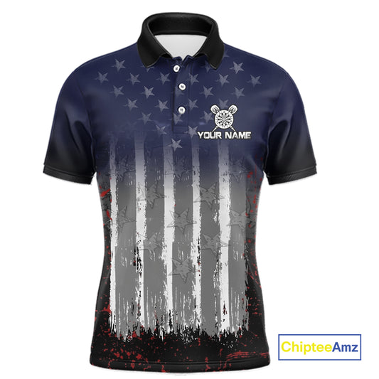 Gray, Blue And Red Grunge US Flag Darts Polo & 1/4-Zip Shirt Custom Patriotic Dart Jersey For Men NYN3081