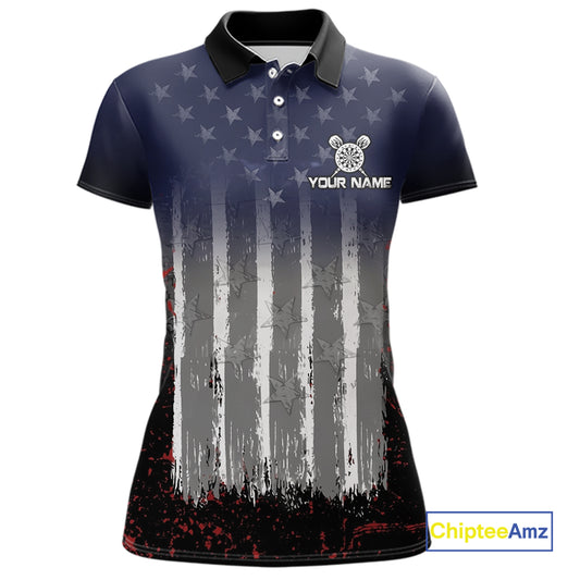 Gray, Blue And Red Grunge US Flag Darts Polo & 1/4-Zip Shirt Custom Patriotic Dart Jersey For Women NYN3081