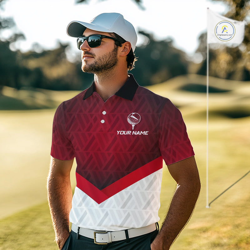 White And Red Geometric Golf Polo Golf Shirts For Men Personalized Golf Team Attire NYN3249