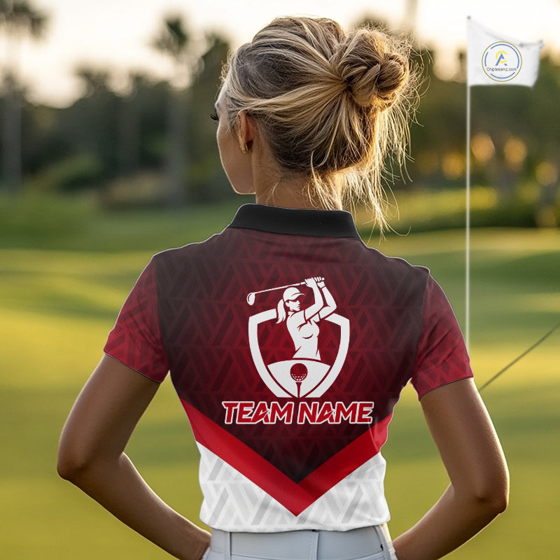 White And Red Geometric Golf Polo Golf Shirts For Women Personalized Golf Team Attire NYN3249
