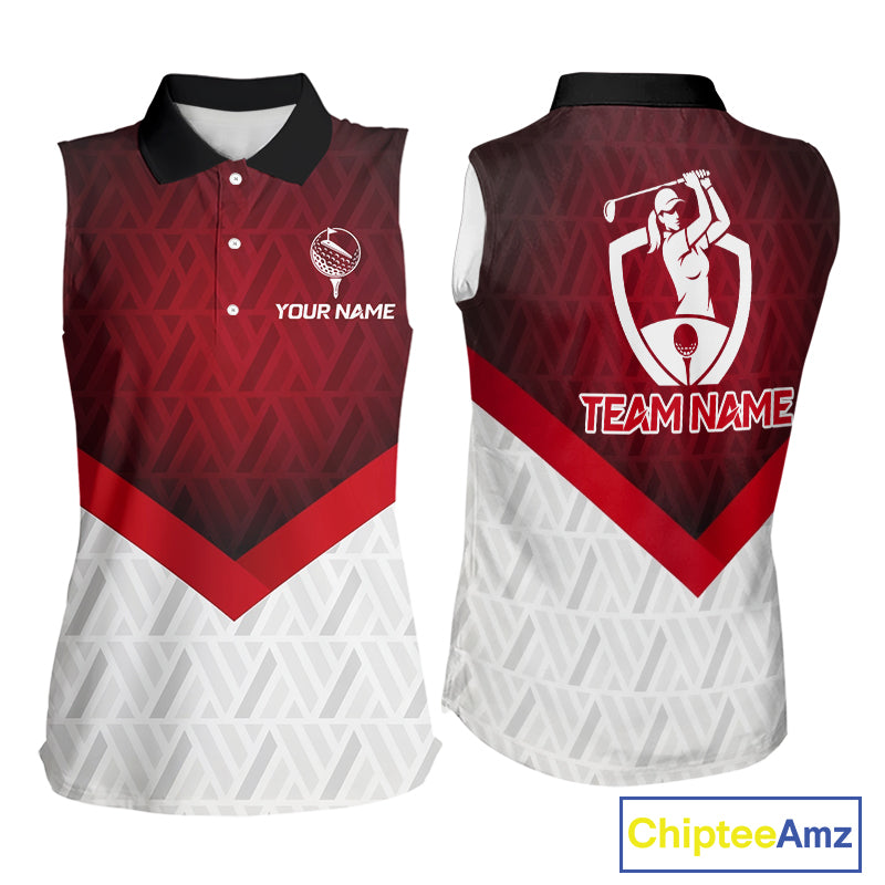 White And Red Geometric Golf Sleeveless Polo Golf Shirts For Women Personalized Golf Team Attire NYN3249
