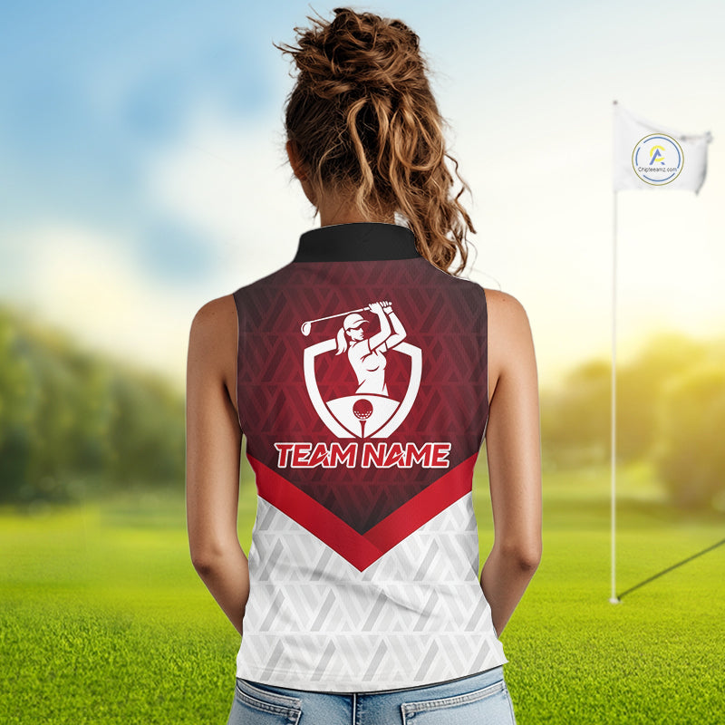 White And Red Geometric Golf Sleeveless Polo Golf Shirts For Women Personalized Golf Team Attire NYN3249
