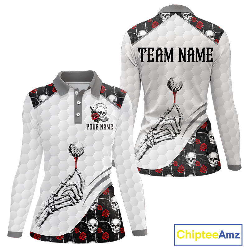 Red Roses Skull Pattern Golf Polo Shirts For Women Custom Bone Hand Golf Team Tournament NYN3254