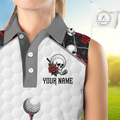 Red Roses Skull Pattern Golf Sleeveless Polo Shirts For Women Custom Bone Hand Golf Team Tournament NYN3254