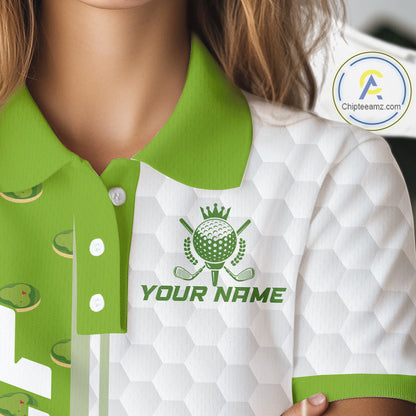 Green Golf Course Pattern Golf Polo Shirts For Women Custom Team Name White Golf Ball Jersey NYN3258