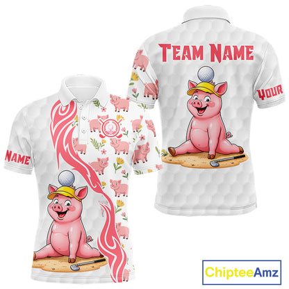 Pink and White Glitter Pig Men's Golf Polo Shirt mockup featuring glitter pig mascot, personalized golf apparel, custom golf team polo, country golf clothing.
