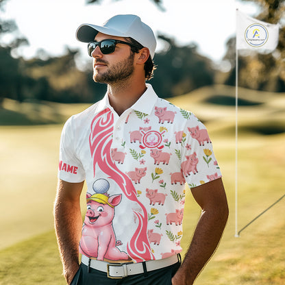 Men's model wearing Glitter Pig Golf Polo Shirt, country golf fashion, personalized golf apparel, custom golf outfit, glitter sportswear.