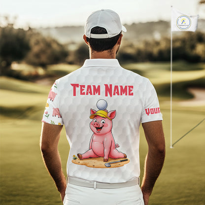 Men's model wearing Glitter Pig Golf Polo Shirt, country golf fashion, personalized golf apparel, custom golf outfit, glitter sportswear.