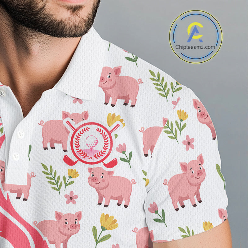 Men's model wearing Glitter Pig Golf Polo Shirt, country golf fashion, personalized golf apparel, custom golf outfit, glitter sportswear.