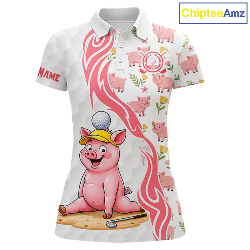 Pink and White Glitter Pig Women's Golf Polo Shirt mockup, personalized golf polo, glitter pig golf apparel, custom golf team clothing, breathable performance golf shirt, stylish golf outfit.