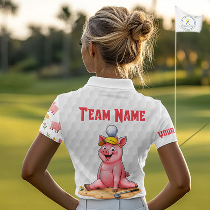 Women's model wearing Glitter Pig Golf Polo Shirt, farmhouse golf apparel, sparkling golf fashion, personalized golf clothing, custom golf team outfit, women's golf lifestyle.