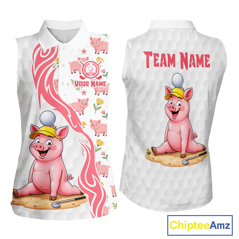 Pink and White Glitter Pig Women's Sleeveless Golf Polo mockup featuring sparkling pig mascot, personalized golf apparel, custom golf team shirt, glitter golf clothing, farmhouse golf fashion, performance sleeveless polo.