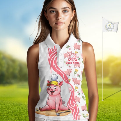 Women's model wearing Glitter Pig Golf Polo Shirt, farmhouse golf apparel, sparkling golf fashion, personalized golf clothing, custom golf team outfit, women's golf lifestyle.