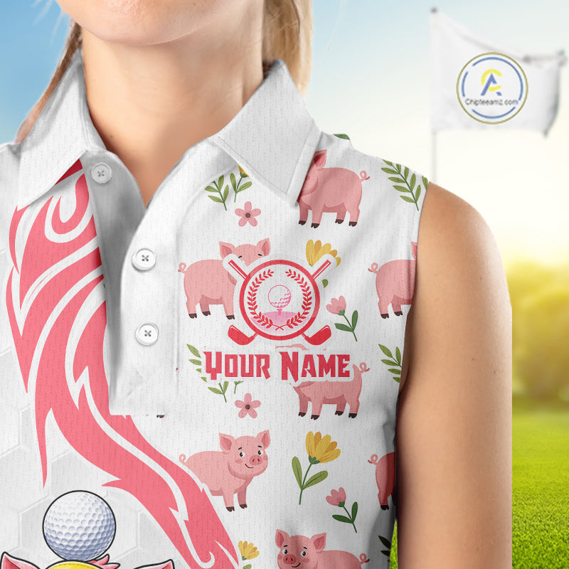 Women's model wearing Glitter Pig Golf Polo Shirt, farmhouse golf apparel, sparkling golf fashion, personalized golf clothing, custom golf team outfit, women's golf lifestyle.