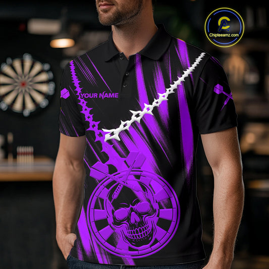 Custom White Chain Purple Skull Dartboard Dart Men Polo Jerseys Grunge Dart Shirt NYN1717