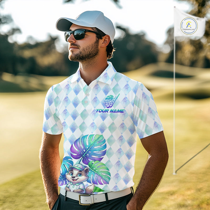 Funny Mens Golf Polo Shirt Holographic Argyle Monstera Golf Ball Personalized Raccoon Golf Shirts NYN3094
