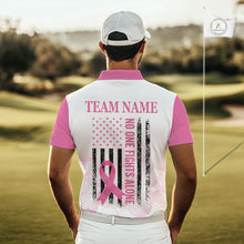 Load image into Gallery viewer, Pink Ribbon Breast Cancer Awareness Mens Polo Shirt Custom US Flag Patriotic Golf Shirt For Men NYN3099