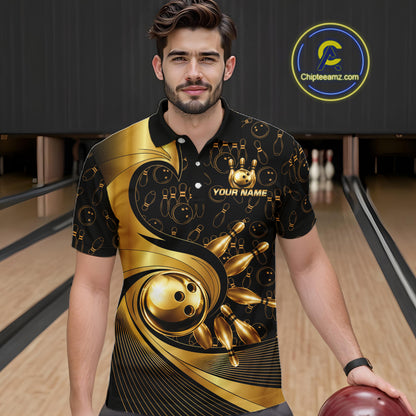 Black And Gold Strikes Bowling Ball & Pins Shirt For Men Custom Bowling Team Attire NYN3275