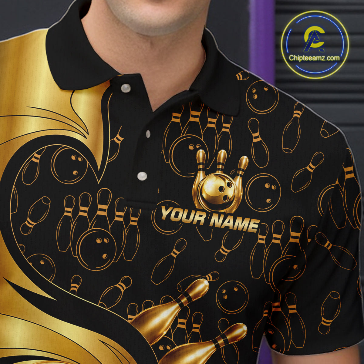 Black And Gold Strikes Bowling Ball & Pins Shirt For Men Custom Bowling Team Attire NYN3275