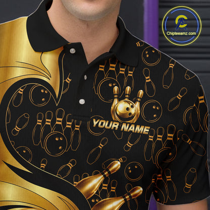 Black And Gold Strikes Bowling Ball & Pins Shirt For Men Custom Bowling Team Attire NYN3275